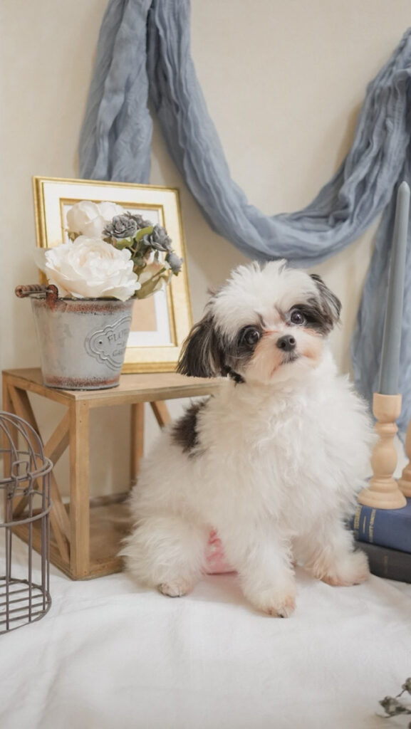 季節感のあるフォトブースで撮影された犬